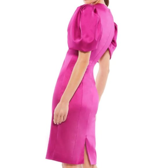 MAC DUGGAL 26636 SATIN PUFF SLEEVE FITTED MINI MAGENTA SHEATH DRESS sz 0 - Picture 3 of 4